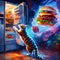 AI generated illustration of A cat grabbing a burger from the fridge