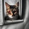 AI generated illustration of cat stares out of a window with bright red eyes