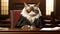 AI generated illustration of a cat wearing a black robe sitting in a courtroom