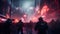 AI generated illustration of a chaotic scene of a riot illuminated by a cyberpunk skyline