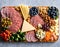 AI generated illustration of a charcuterie board with a variety of cold cuts and cheeses