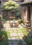 AI-generated illustration of a charming outdoor courtyard area with a table and chairs