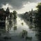 AI generated illustration of a charming village nestled along the flooded rivers