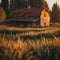 AI generated illustration of a charming yellow cottage standing alone in a verdant meadow