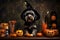 AI generated illustration of a cheerful canine dressed in a Halloween costume surrounded by pumpkins