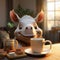 AI generated illustration of a cheerful cartoon rhino sitting near a table