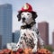 AI generated illustration of A cheerful Dalmatian dog wearing a bright red firefighter's helmet