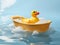 AI generated illustration of a cheerful yellow rubber duck toy floating in a foamy, blue liquid
