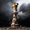 AI generated illustration of a chess piece glistening in gold against a stormy sky