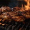 AI generated illustration of chicken breasts roasting on a barbecue grill, with flames flaring up