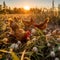 AI generated illustration of chickens in a wheat field at golden hour