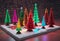 AI generated illustration of Christmas trees illuminated in a rainbow of colors