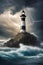 AI generated illustration of a classic lighthouse by the shore near stormy waves