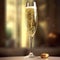 AI generated illustration of a clear crystal glass filled with golden bubbly champagne
