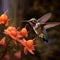 AI generated illustration of a close-up of a hummingbird hovering in front of flowers