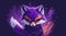 AI generated illustration of A close-up image of a majestic purple fox on a dark background