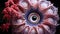 AI generated illustration of a close-up of a menacing-looking flower with an eye in the center