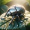 AI generated illustration of a close-up of a metallic robot beetle atop a lush green leaf