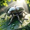 AI generated illustration of a close-up of a metallic robot beetle atop a lush green leaf