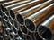 AI generated illustration of a close-up of a pile of metal pipes, stored in a warehouse