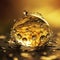 AI generated illustration of a close-up shot of a single, clear water droplet on a golden surface