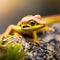 AI generated illustration of a close-up of a small lizard perched on a rock in a field