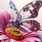AI generated illustration of a close-up of a vibrant metallic butterfly perched on a flower