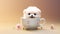 AI generated illustration of a close-up of a white teacup with a small canine companion inside