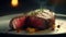 AI generated illustration of a closeup of a cooked steak served on a plate with greens