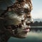 AI generated illustration of a closeup of a female face with cracks and wrecks near a lake