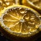 AI generated illustration of a closeup of freshly sliced yellow lemons with droplets