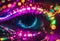 AI generated illustration of a closeup of a human eye in bright neon colors