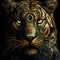 AI generated illustration of a closeup portrait of a Bengal tiger in intricate golden ornaments
