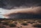 AI generated illustration of a cloud moving over expansive desert under overcast sky
