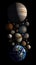 AI generated illustration of  a cluster of planets in a dark cosmic atmosphere