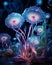 AI generated illustration of a cluster of vibrant mushrooms illuminated by a blue light