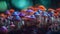 AI generated illustration of A cluster of vibrant mushrooms illuminated by the night sky