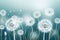 AI generated illustration of a cluster of white dandelions and small seeds gently blowing away