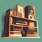 AI generated illustration of a collage of books, electronics on a green background