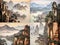 AI generated illustration of a collage of a Chinese painting of mountains