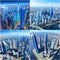 AI generated illustration of a collage of  stunning urban skylines with illuminated buildings