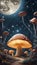 AI generated illustration of a collection of mushrooms illuminated by a silver moonlight