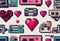 AI-generated illustration of a collection of vibrant pixel art heart icons