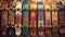 AI generated illustration of a collection of vibrant skateboards adorning a wall