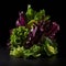 AI generated illustration of a colorful array of fresh salads on a black background