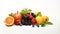 AI generated illustration of a colorful array of ripe fruits arranged on a white background