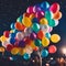 AI-generated illustration of colorful balloons hovering in the night sky
