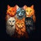 AI generated illustration of colorful cats sitting together in a dimly lit space