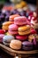AI generated illustration of a colorful display of cakes and macarons arranged on a plate