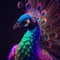 AI generated illustration of a colorful fluorescent peacock with a fully fanned tail